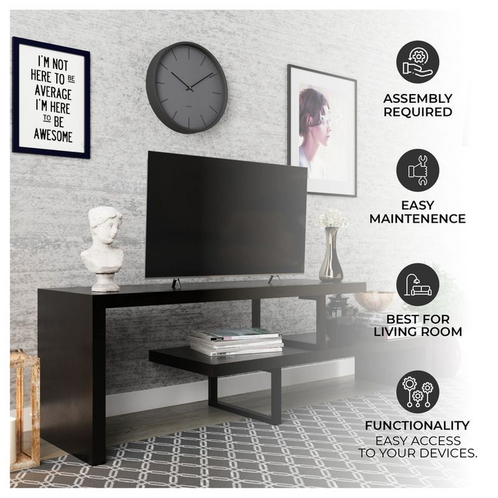 LeisureMod Orford Mid-Century Modern TV Stand with MDF Shelves and Powder Coated Iron Legs in Ebony Description.