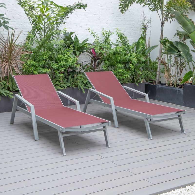 LeisureMod Marlin Patio Chaise Lounge Chair with Armrests in Grey Aluminum Frame, Set of 2 in Burgundy