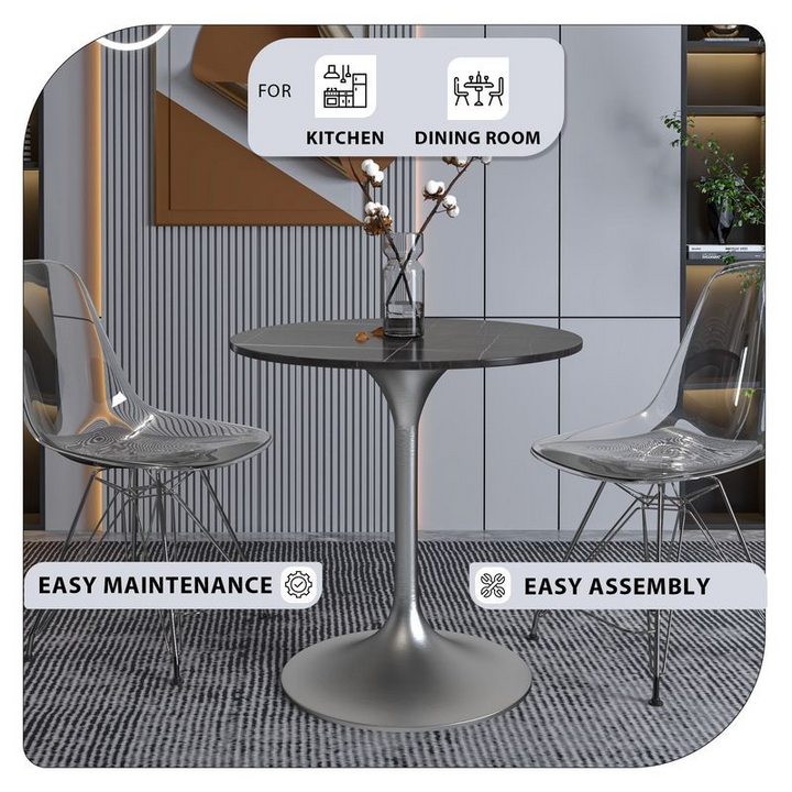 LeisureMod Verve Collection 27 Round Dining Table, Brushed Chrome Base with Sintered Stone Black Top Details.