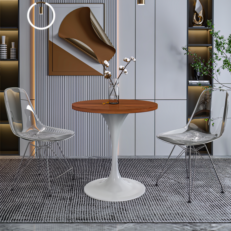 LeisureMod Verve Collection 27 Round Dining Table, White Base with Cognac Brown MDF Top with Background.