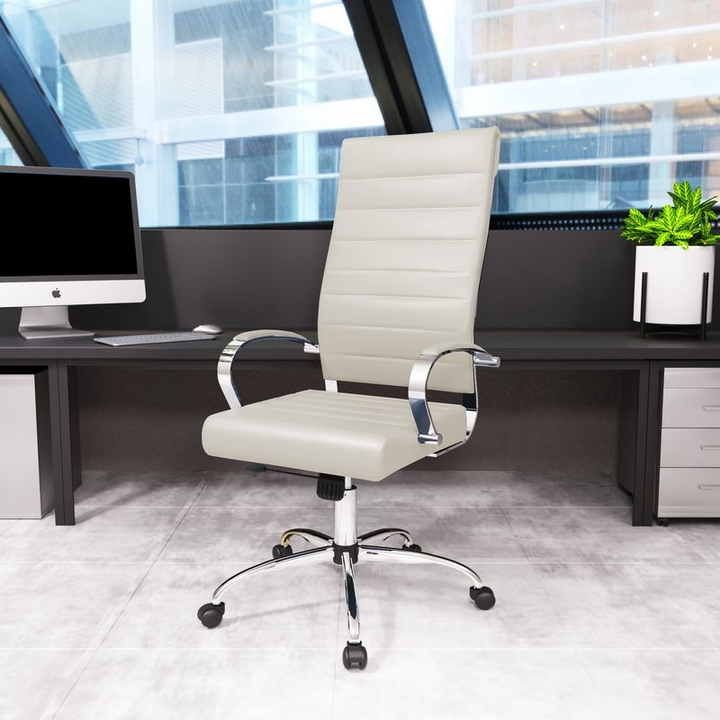 LeisureMod Benmar High-Back Leather Office Chair Tan in Room.