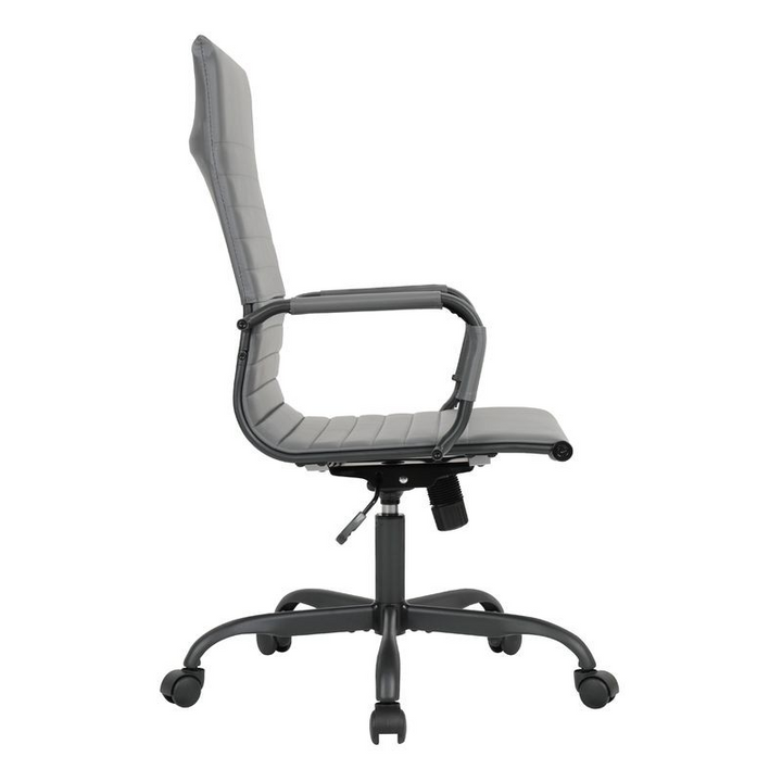 LeisureMod Harris Leather Home High-Back Office Chair in Grey with Black Frame Side View.