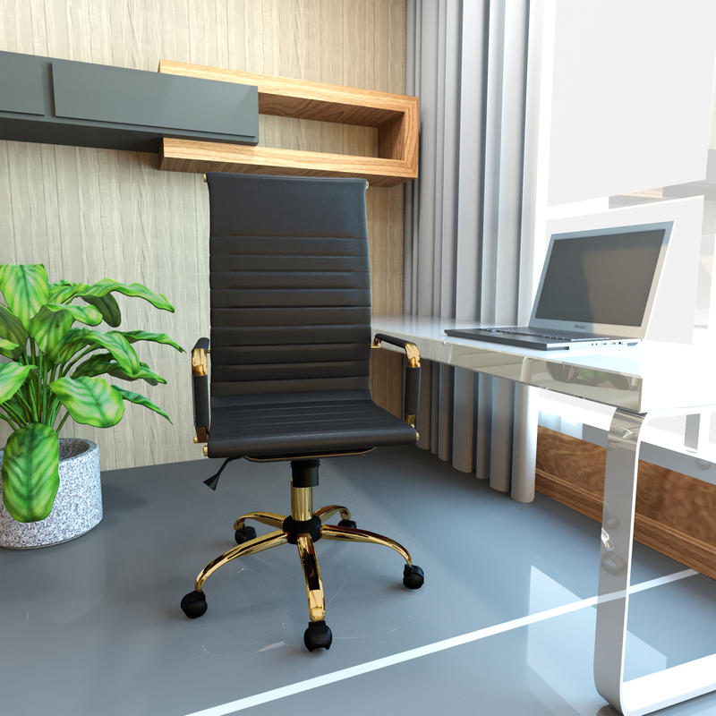 LeisureMod Harris High-Back Faux Leather Office Chair with Gold Frame Black at Desk