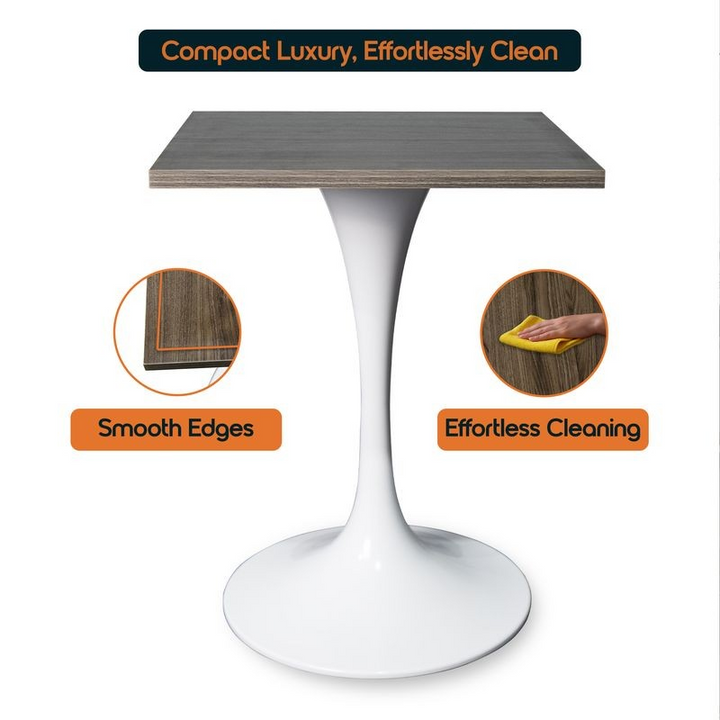 LeisureMod Verve Collection 24 Square Dining Table, White Base with Dark Maple MDF Top Details.