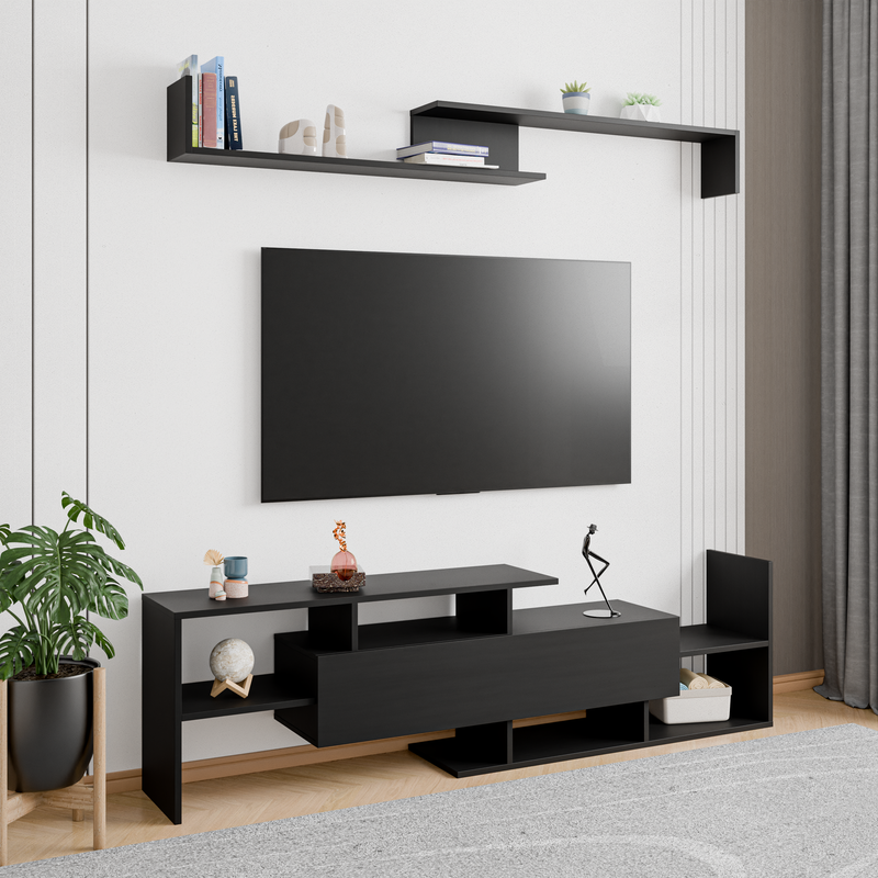 LeisureMod Surrey Modern TV Stand with MDF Shelves and Bookcase in Ebony in Room.