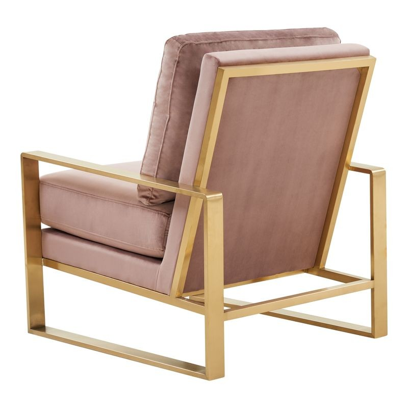 LeisureMod Jefferson Velvet Design Accent Armchair with Gold Brass Finish Frame Pink Back View