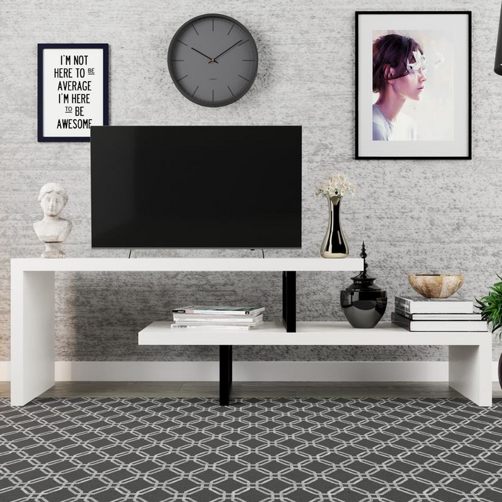 LeisureMod Orford Mid-Century Modern TV Stand with MDF Shelves and Powder Coated Iron Legs in White Front View.