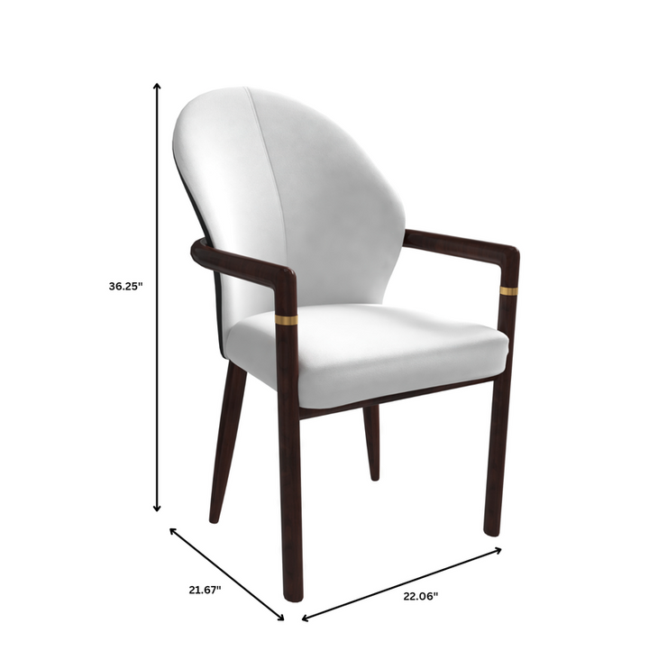 White chair with wooden arms and legs, shown with dimensions on a white background.
