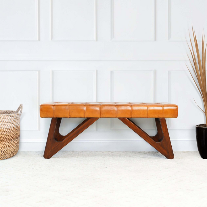 Mia Tan Leather Bench with Buttons Image.