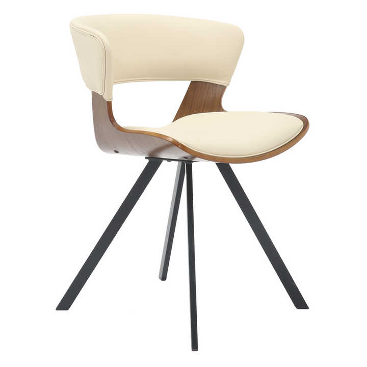 LeisureMod Wooden Dining Chair Modern style Nymia Collection Walnut Color in Beige Front Angled Photo.