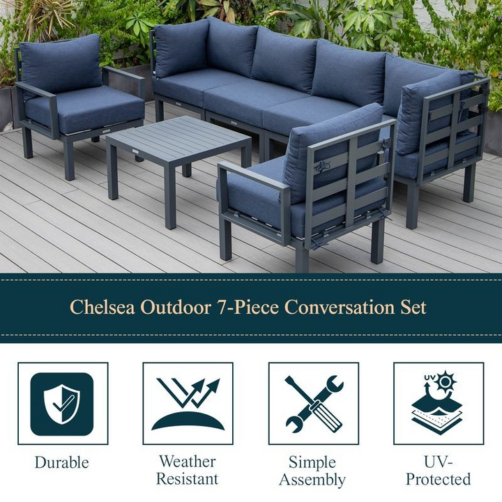 LeisureMod Chelsea 7-Piece Patio Sectional and Coffee Table Set Black Aluminum with Cushions Blue Details.