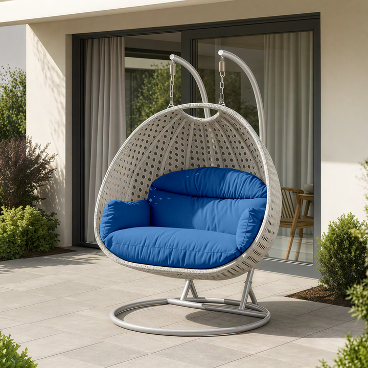 LeisureMod Mendoza Light Grey Wicker Hanging 2 Person Egg Swing Chair Blue Photo.