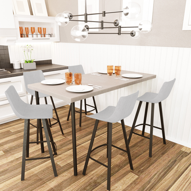 LeisureMod Elland Modern Upholstered Leather Bar Stool with Iron Legs and Footrest at Table