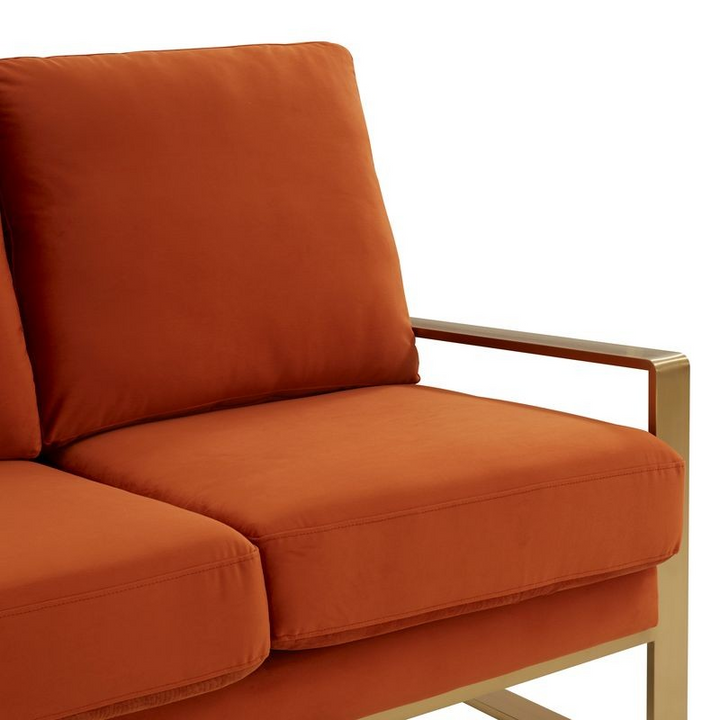 LeisureMod Jefferson Contemporary Modern Design Velvet Sofa with Gold Frame Orange Closeup.