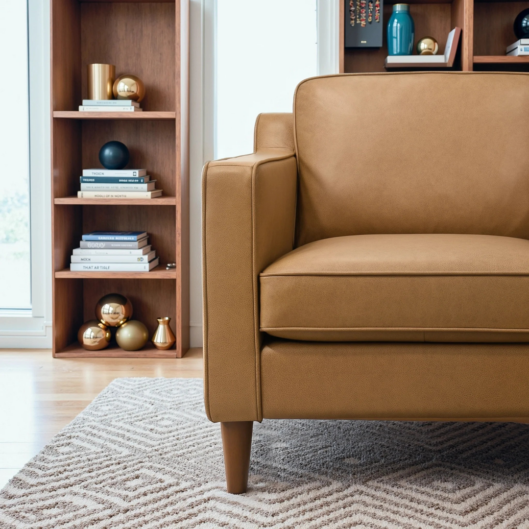 Cooper Tan Leather Lounge Chair Closeup.