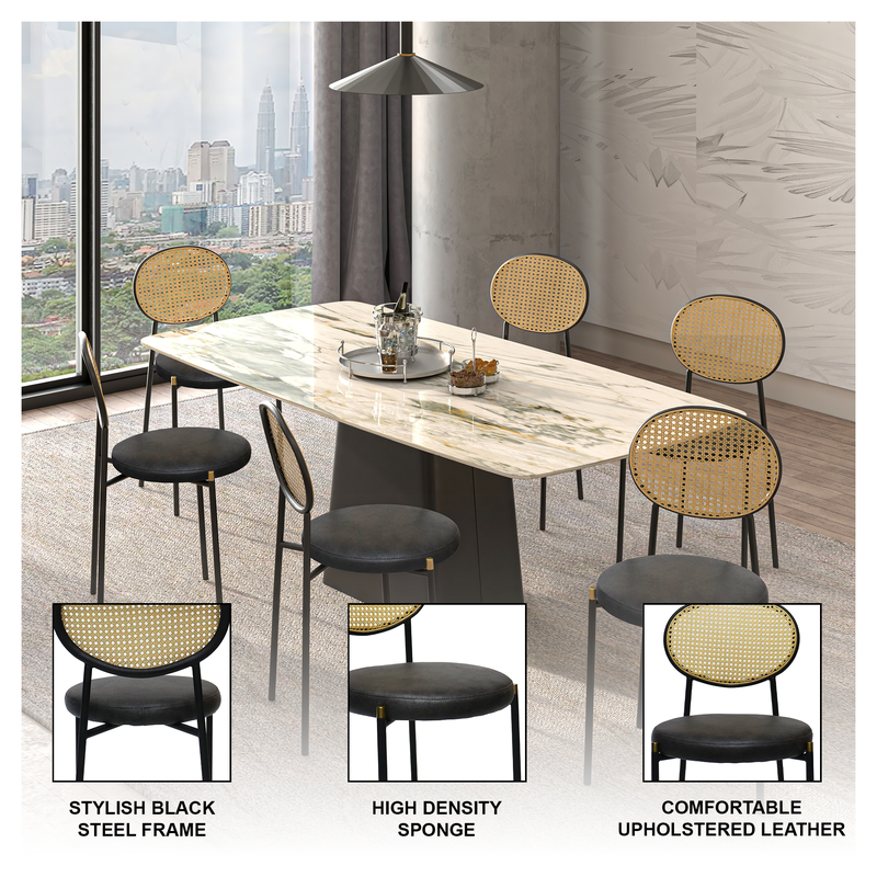 Dining table set with chairs in a modern interior setting.