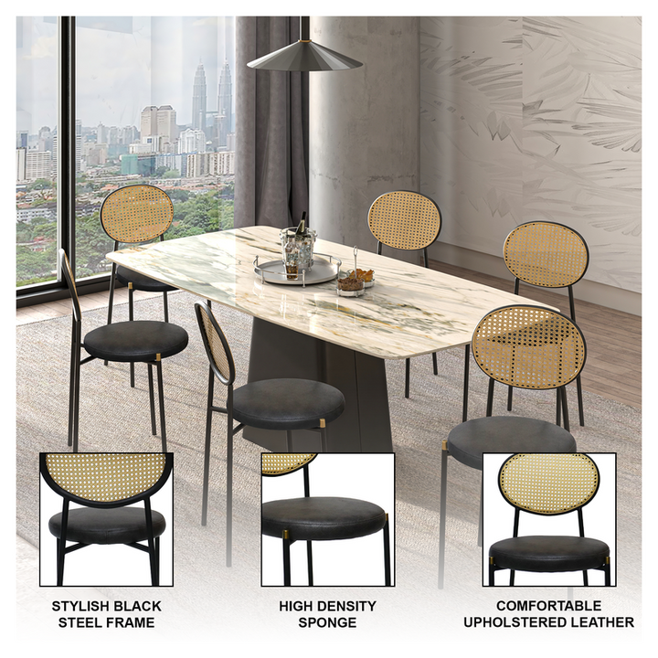 Dining table set with chairs in a modern interior setting.