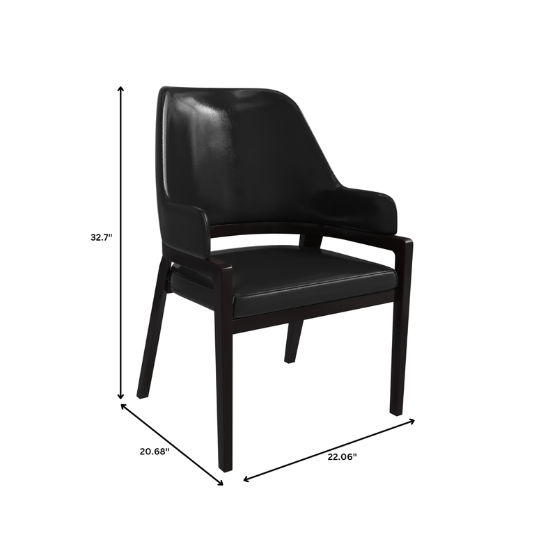 Black chair with dimensions marked on a white background.