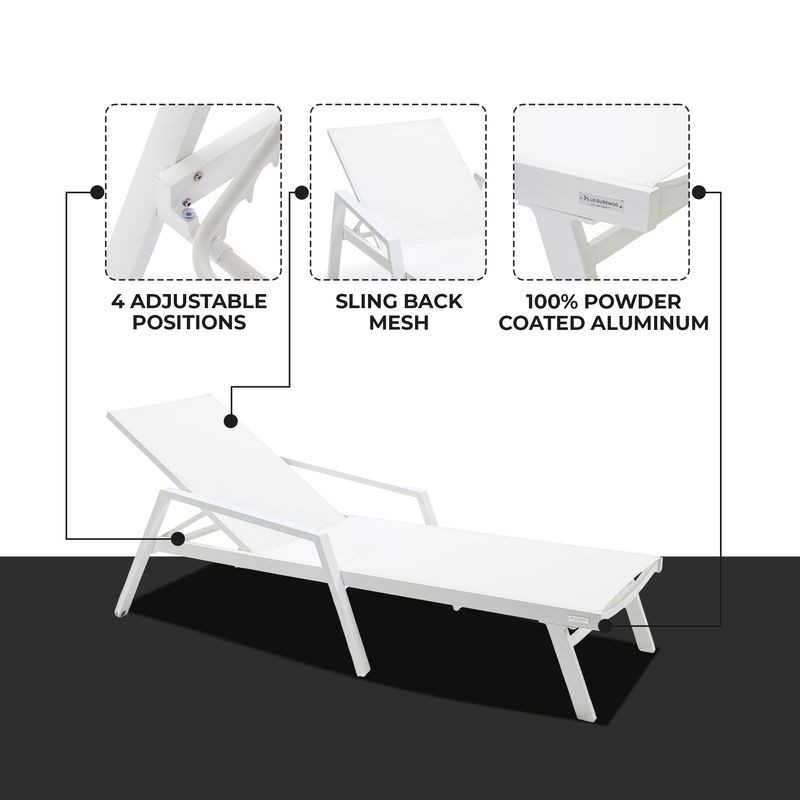 LeisureMod Marlin Patio Chaise Lounge Chair with Armrests in White Aluminum Frame White Details.