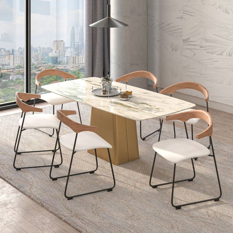 LeisureMod Lyra Collection Modern Chair in Natural Wood Back and White Seat at Table.