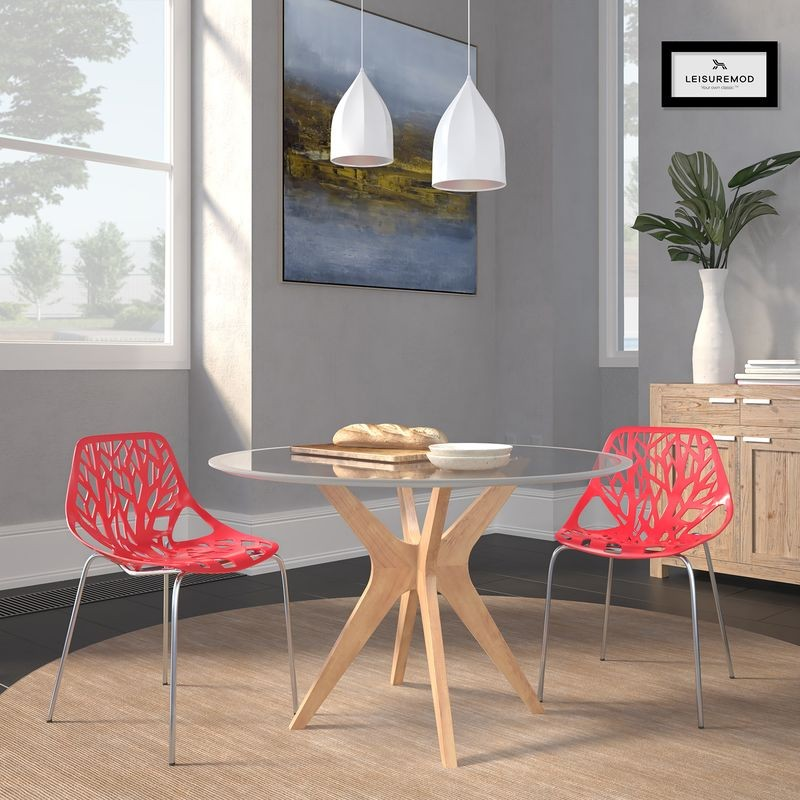 LeisureMod Modern Asbury Dining Chair w/ Chromed Legs, Set of 2 Red