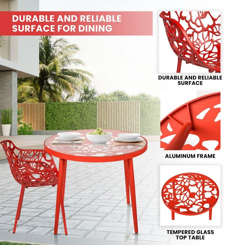 Red outdoor table and chairs with text highlighting durability and reliability, set against a blurred outdoor background.