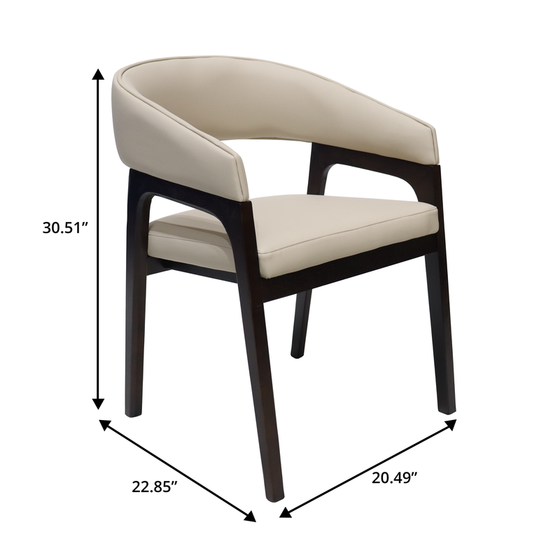 Beige chair with dimensions marked on a white background.