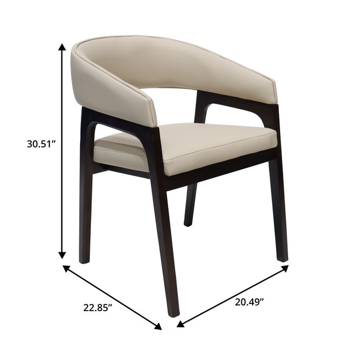 Beige chair with dimensions marked on a white background.