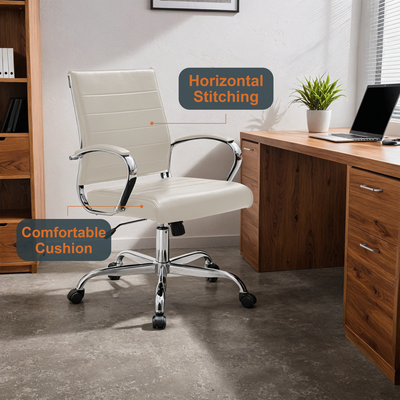 LeisureMod Benmar Leather Office Chair Tan at Desk.