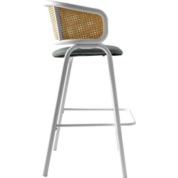 LeisureMod Ervilla Wicker Bar Stool with Fabric Seat and White Steel Frame in Grey Leather Side View.