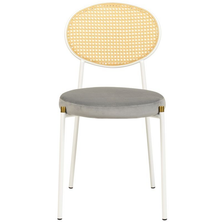 LeisureMod 5-Piece Dining Set with 36" Round Dining Table Black Sintered Stone Top and Black Pedestal with 4 Velvet Dining Chairs in White Steel Legs in Grey Front Chair.