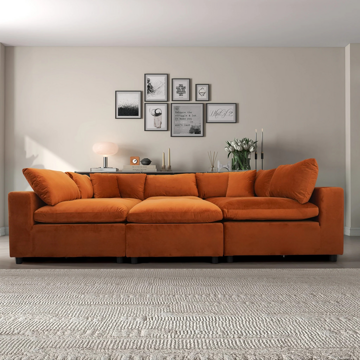 Hayward Burnt Orange Velvet Modular Sectional Sofa Front Photo.