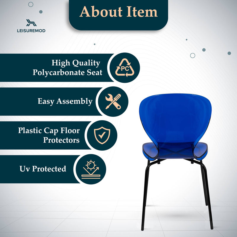 Blue chair with LeisureMod branding and product features on a white background.