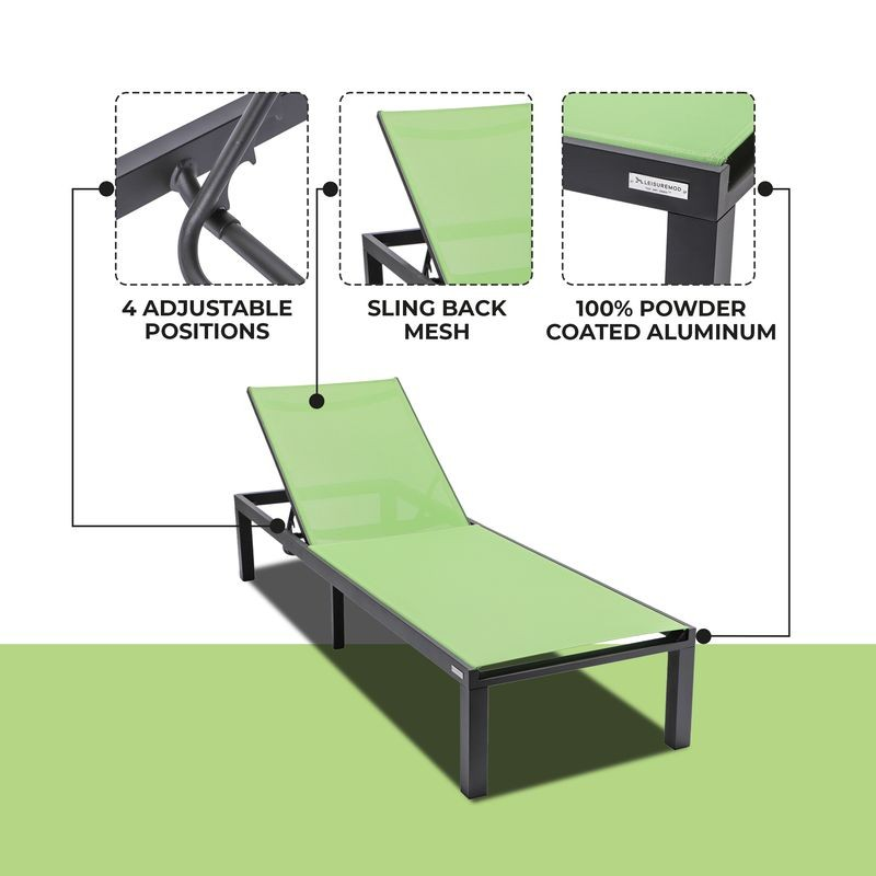 LeisureMod Marlin Patio Chaise Lounge Chair with Black Aluminum Frame Green Details.