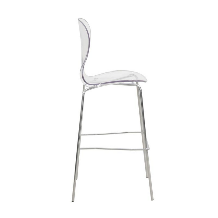 LeisureMod Oyster Acrylic Barstool with Steel Frame in Chrome Finish in Clear Side View.