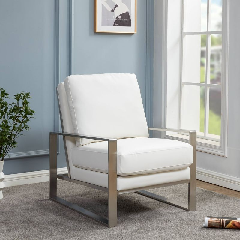 LeisureMod Jefferson Faux Leather Modern Design Accent Armchair with Elegant Silver Frame White with Background.