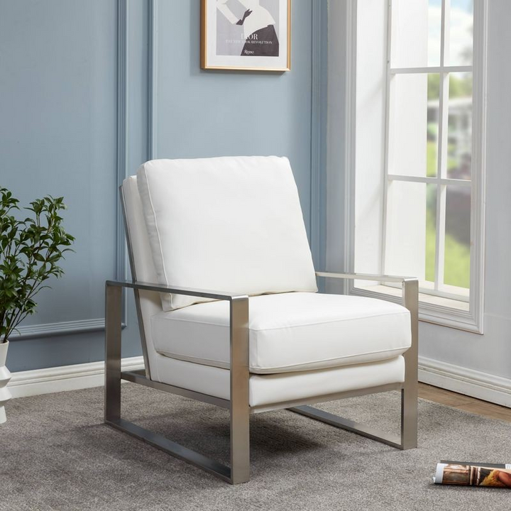 LeisureMod Jefferson Faux Leather Modern Design Accent Armchair with Elegant Silver Frame White with Background.
