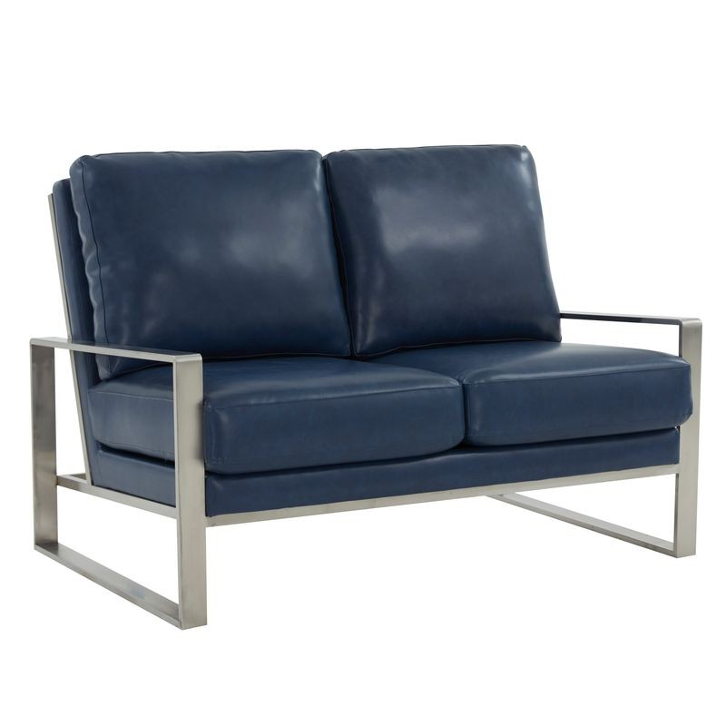 Leisuremod Jefferson Contemporary Modern Faux Leather Loveseat with Silver Frame Navy Blue