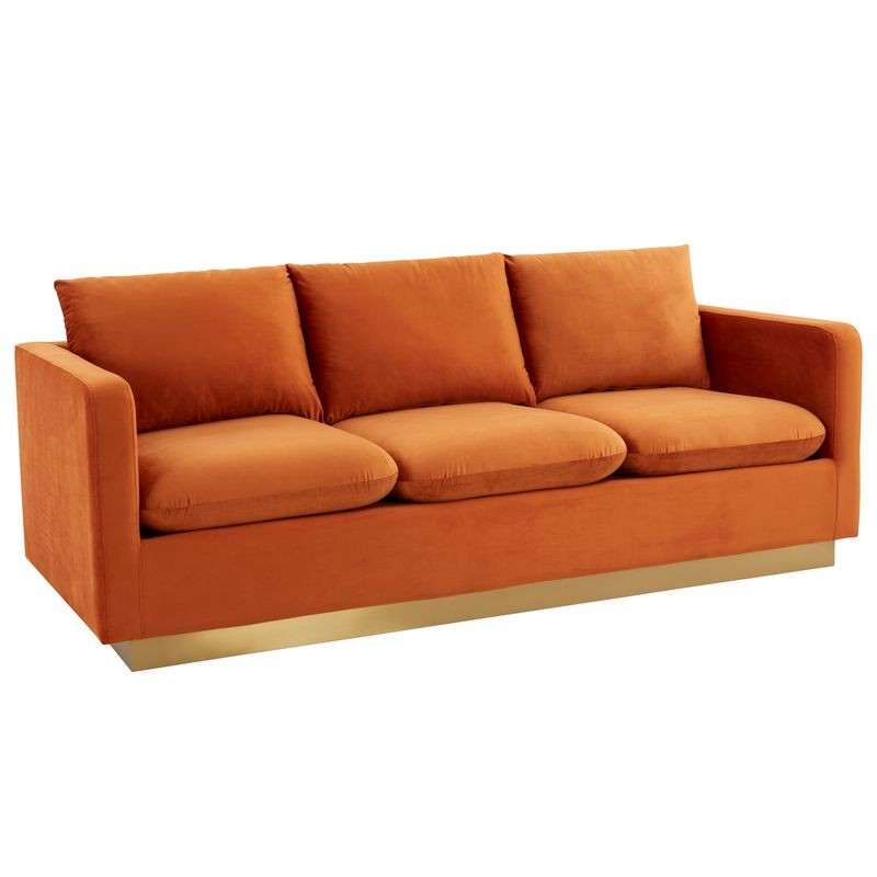 LeisureMod Nervo Modern Mid-Century Upholstered Velvet Sofa with Gold Frame Orange Marmalade