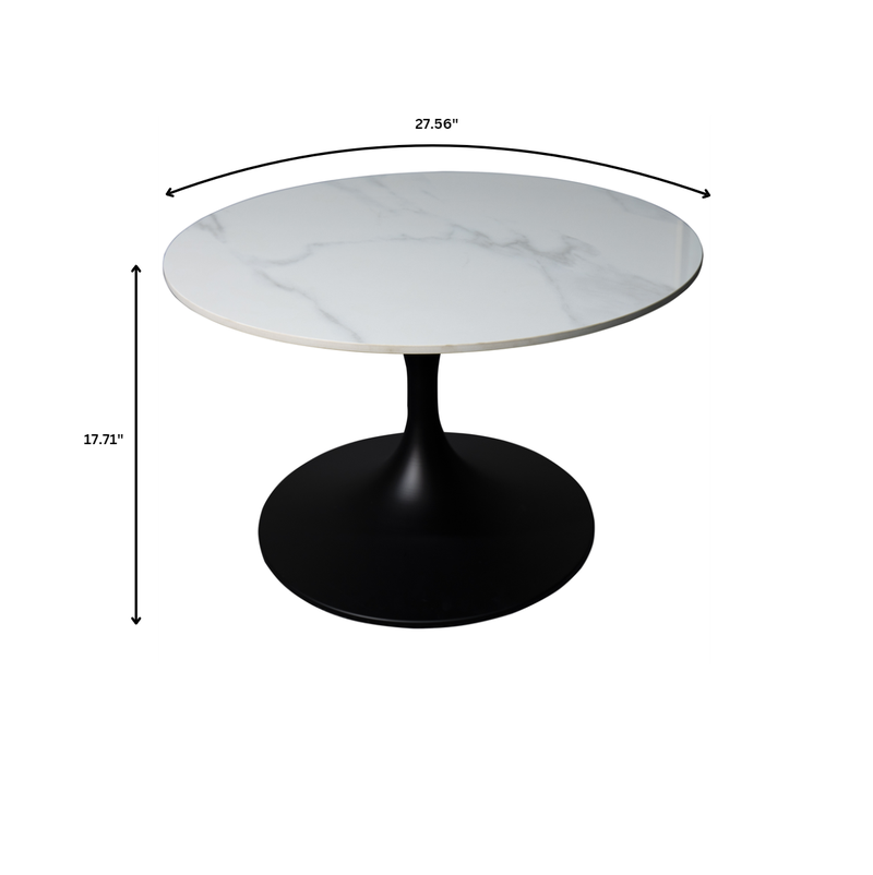 LeisureMod Verve Coffee Table Black Base with 27" round White Sintered Stone Top Dimensions.