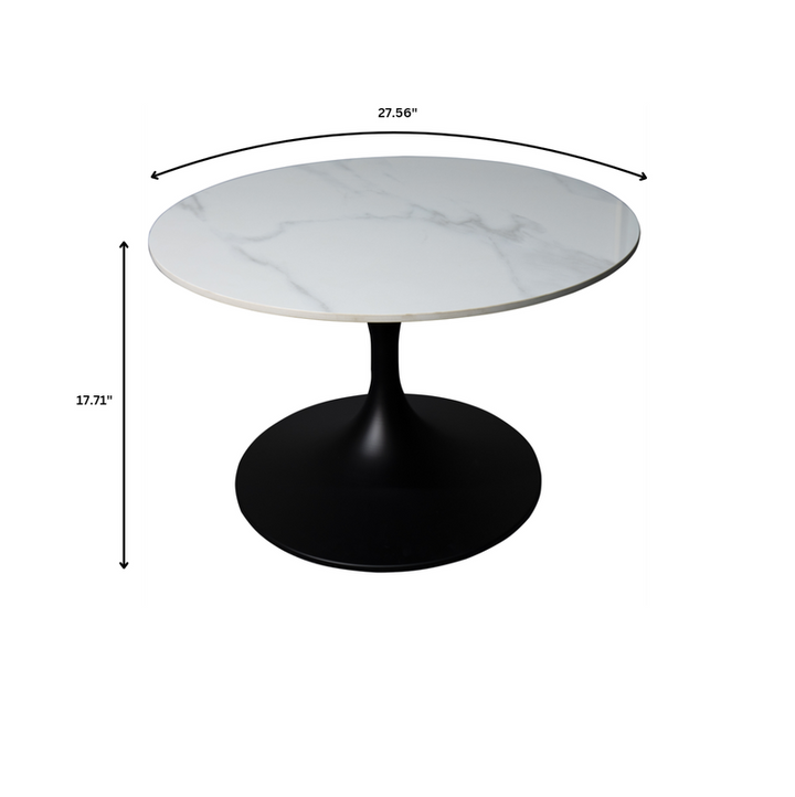 LeisureMod Verve Coffee Table Black Base with 27" round White Sintered Stone Top Dimensions.