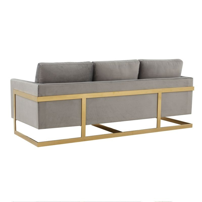 LeisureMod Lincoln Modern Mid-Century Upholstered Velvet Sofa with Gold Frame Light Grey Back.