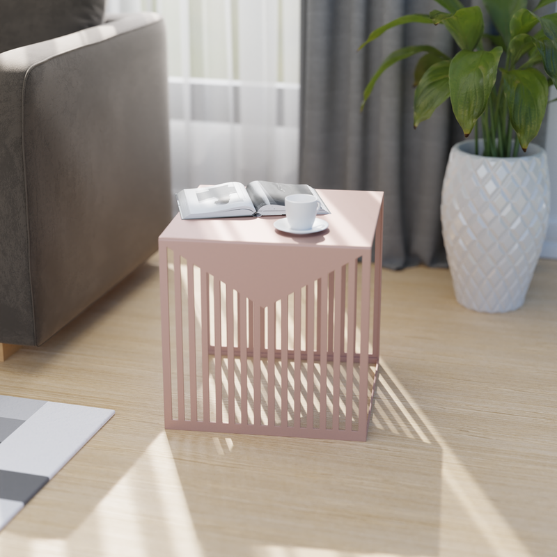 LeisureMod Cisco Modern Square Steel Side Table with Powder Coated Finish Brown by Couch.