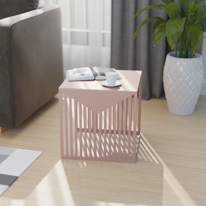 LeisureMod Cisco Modern Square Steel Side Table with Powder Coated Finish Brown by Couch.