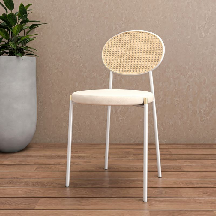 Chair with wicker backrest and white frame on a wooden floor with a plant in the background.