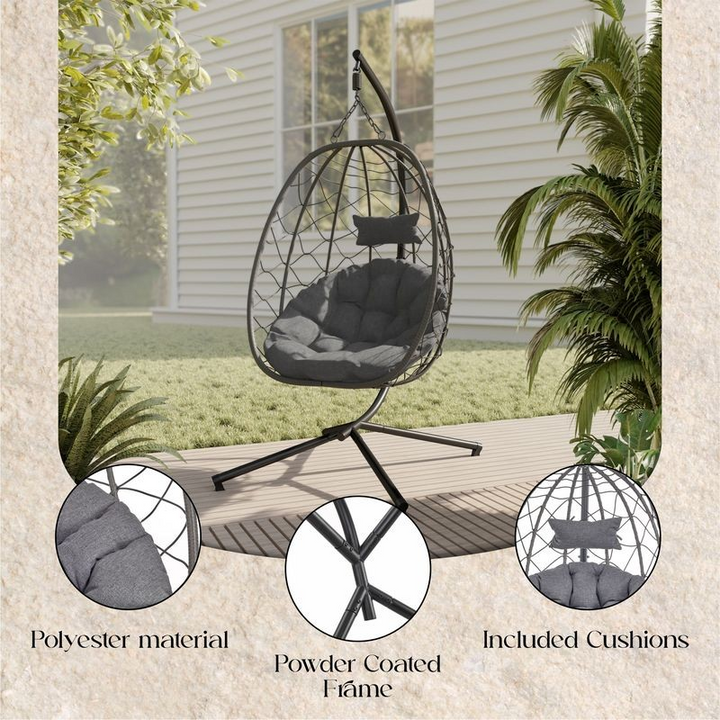 Leisuremod Summit Series Outdoor Egg Swing Chair in Black with Charcoal Cushions Details.
