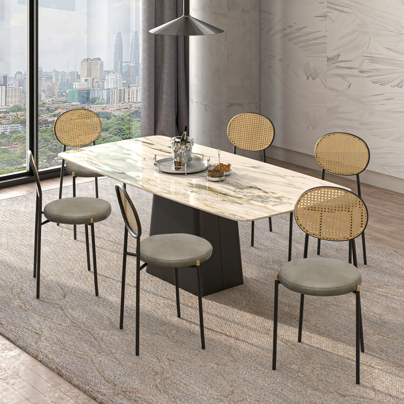 LeisureMod Euston Modern Wicker Dining Chair with Black Frame and Leather Seat in Taupe at Table.