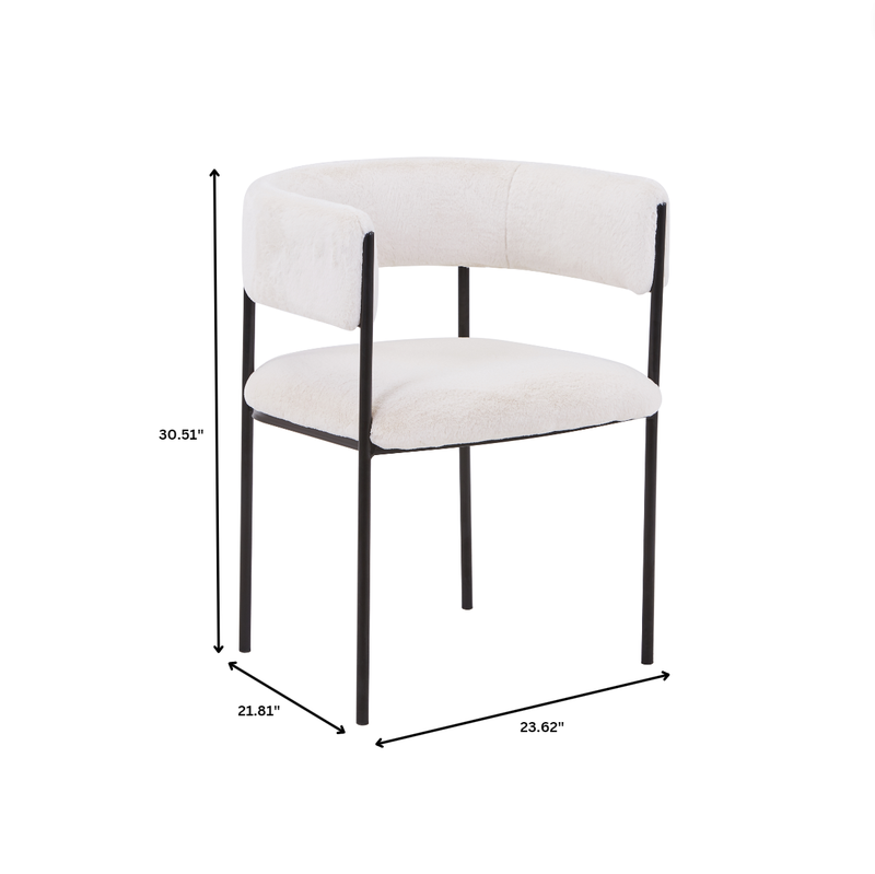 White chair with black metal frame and dimensions on a white background.