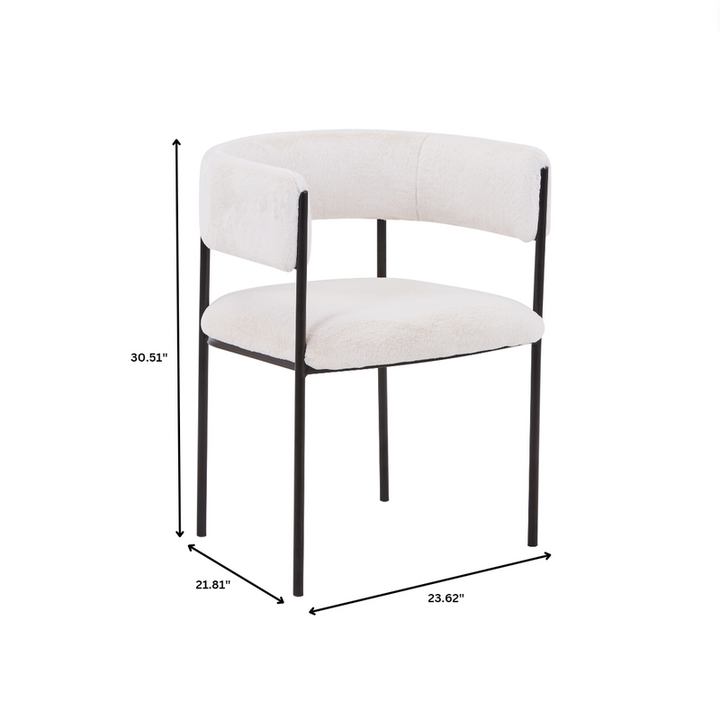 White chair with black metal frame and dimensions on a white background.