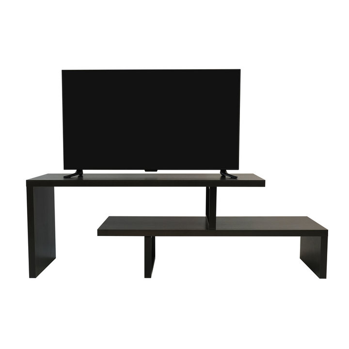 LeisureMod Orford Mid-Century Modern TV Stand with MDF Shelves and Powder Coated Iron Legs in Phantom Grey Front View.